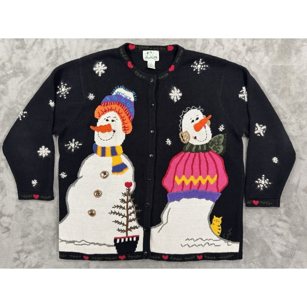 Quacker Factory Cardigan Sweater Womens‎ L Black Christmas Grannycore Ramie